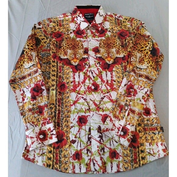 Barnabas MEN'S Shirt Size Large Leopard Roses Chains Art Button Down Longsleeve - Picture 3 of 6